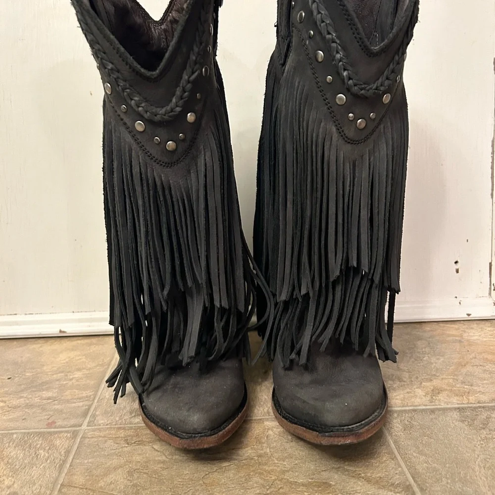 Made in Mexico, Black Fringe Leather, Cowgirl Boots - Picture 2 of 6